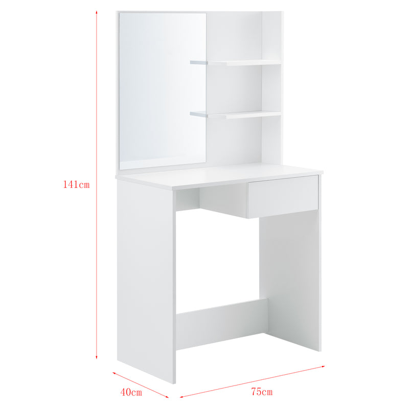 Schizzo in scala Tavolo da Trucco con Cassetto e Ripiani 141 x 75 x 40 cm Tavolo da Toeletta con Specchio Tavolo Cosmetico - Bianco