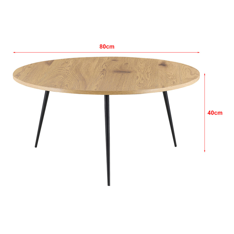 Schizzo in scala Tavolino Basso da Caffè con Piano Tondo in MDF e Gambe Nere in Acciaio - AxØ : 40x80 cm - Tavolino da Divano/Salotto in Design Treppiede - Piano d'Appoggio in Color Rovere