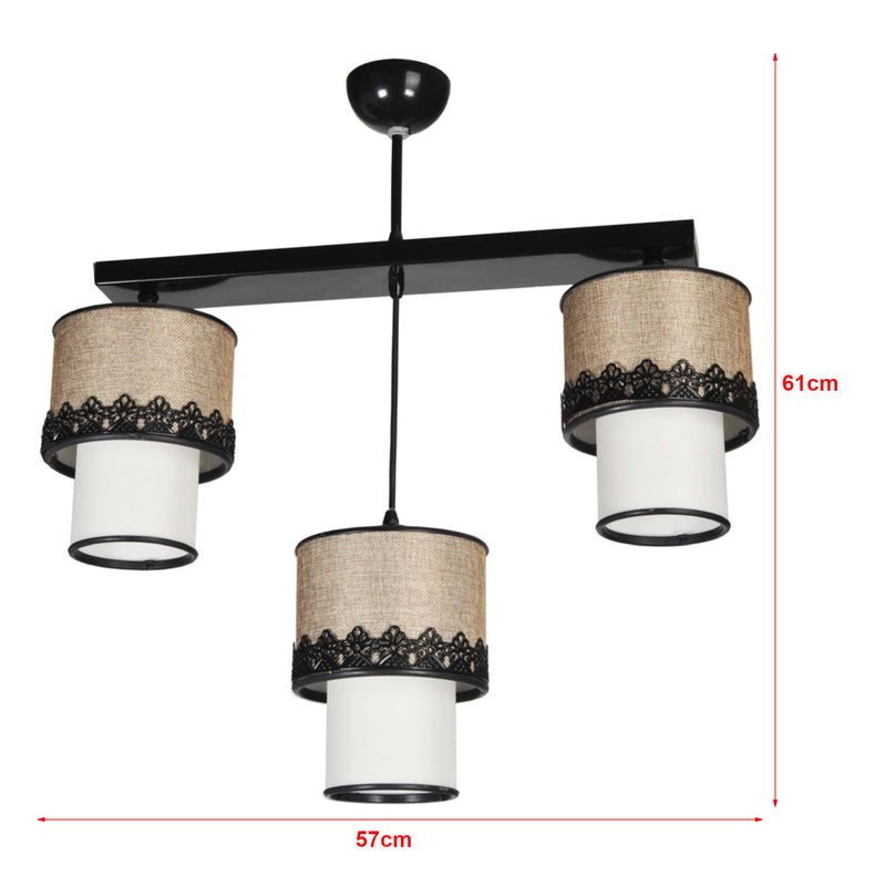 Schizzo in scala Lampadario di Design 'Broadstairs' a 3 Fonti Luce Lampada a Sospensione con Paralumi Decorativi a Doppio Cilindro - Nero / Beige / Bianco - lux.pro