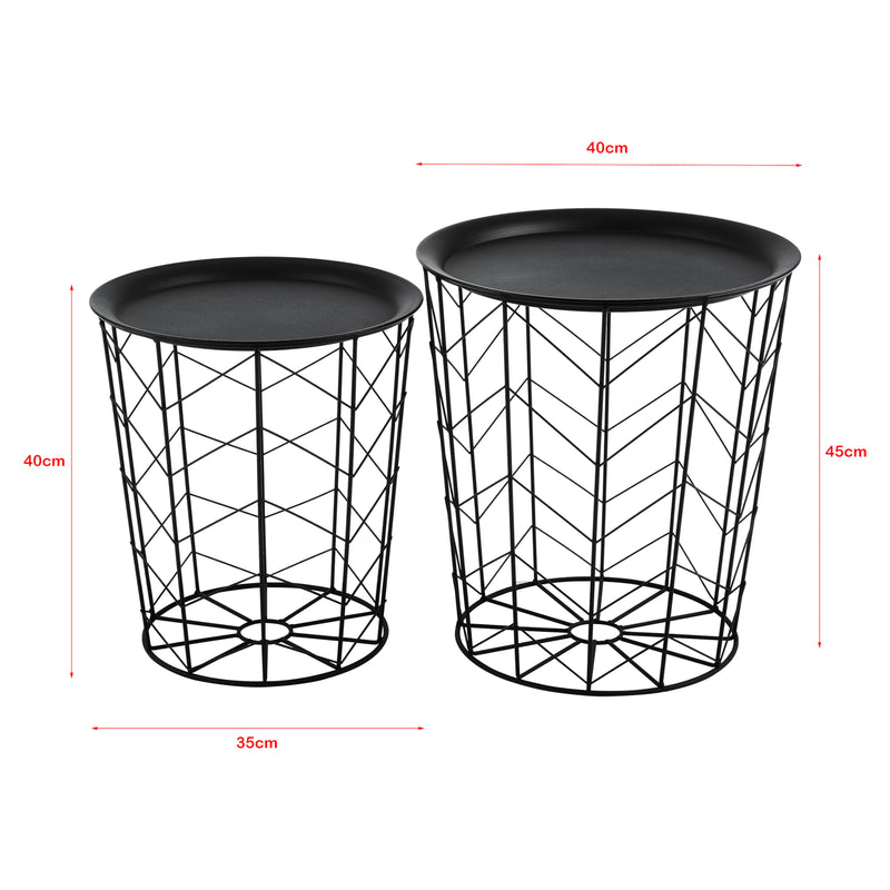 Schizzo in scala Set da 2 Tavolini a Forma di Cestello in 2 Misure Diverse con Piano Tondo Rimovibile 2 Tavolini da Salotto / Soggiorno Portaoggetti Contenitore in Metallo - Nero