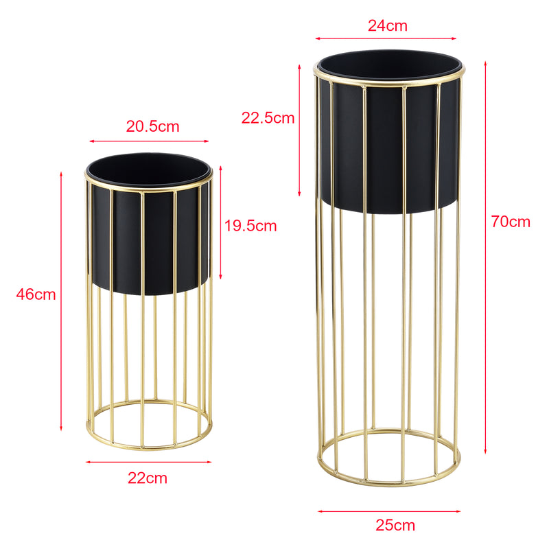 Schizzo in scala Set di 2 Portavasi in Metallo Supporto per Piante in 2 Misure Diverse con Coprivaso Nero e Base di Forma Rotonda in Color Oro