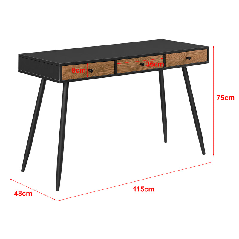 Schizzo in scala Scrivania (AxLaxP) 75 x 115 x 48 cm Consolle con 3 Cassetti, Scrittoio su Gambe in Metallo, Tavolo da Computer per Ufficio/Casa - Nero/Color Legno Scuro