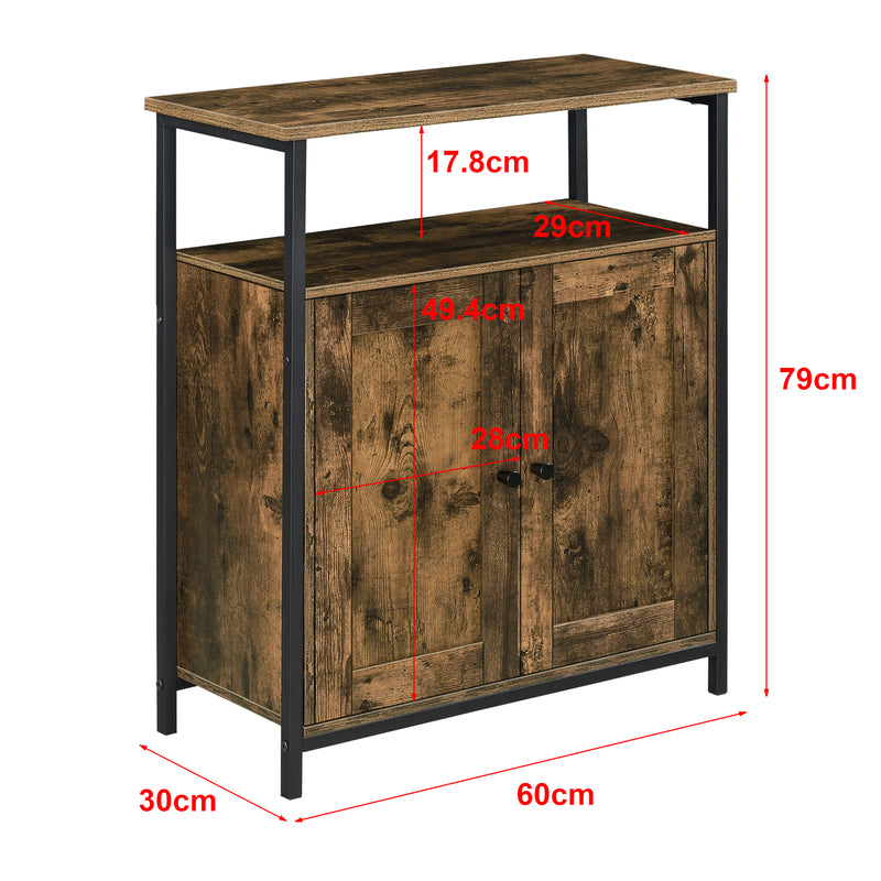 Schizzo in scala Comò / Credenza (AxLaxP) 79 x 60 x 30 cm Mobile per Soggiorno/Cucina/Camera da Letto - Telaio Laterale in Ferro, Armadietto a 2 Ante e Ripiani - Effetto Legno Scuro