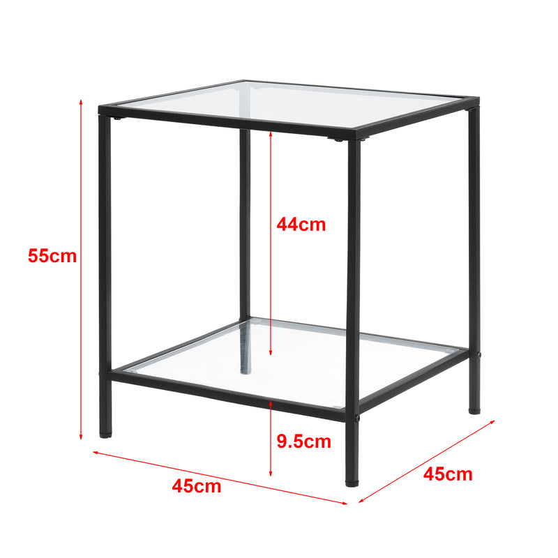Schizzo in scala Tavolino da Divano (AxLaxP): 55 x 45 x 45 cm Tavolino Basso da Salotto/Soggiorno/Camera da Letto - Ripiani di Vetro Temperato e Telaio Nero in Acciaio