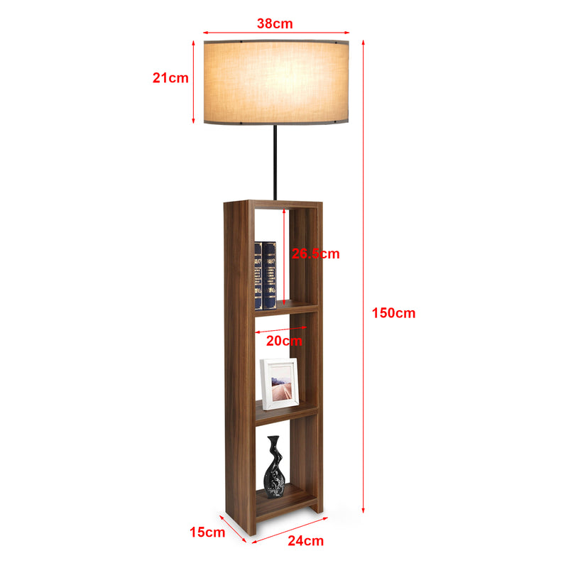 Schizzo in scala Lampada da Terra 'Redditch' Piantana con Paralume Cilindrico in Tessuto Beige e Base a Scaffale Portaoggetti in MDF effetto Legno - lux.pro