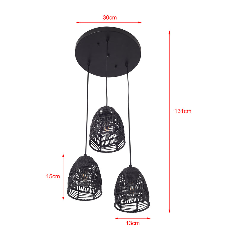 Schizzo in scala Lampada a Sospensione Andover con 3 Paralumi in Rattan - Nero lux.pro