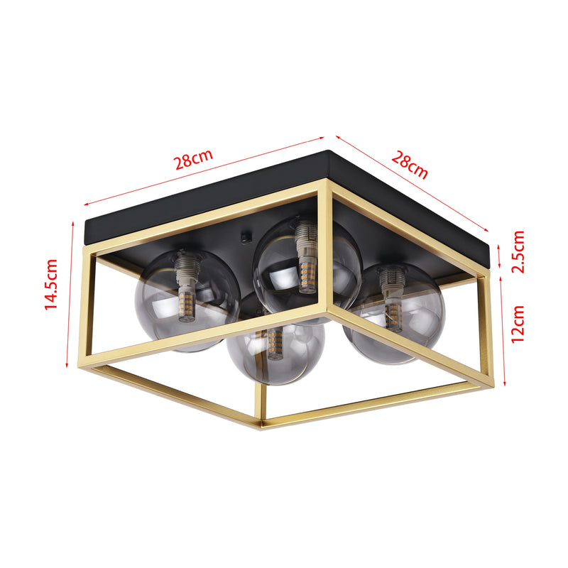 Schizzo in scala Plafoniera Widnes con 4 Paralumi Sferici e Telaio Rettangolare color Oro lux.pro