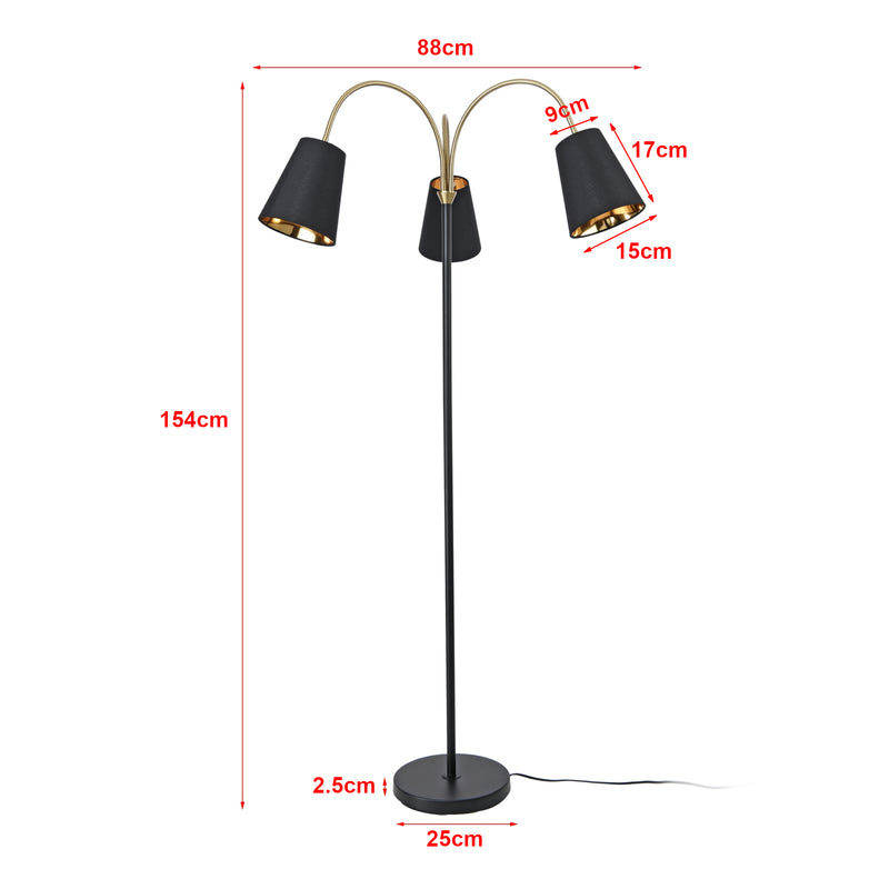 Schizzo in scala Lampada da Terra Wycombe Bracci Flessibili e 3 Paralumi Conici - Nero / Dorato lux.pro