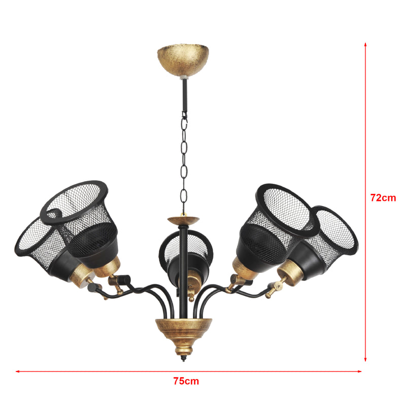 Schizzo in scala Lampadario a Bracci con Paralumi Reticolati e Regolabili in Verticale - Lampada da Soffitto in Metallo - Nero / color Oro Anticato - lux.pro