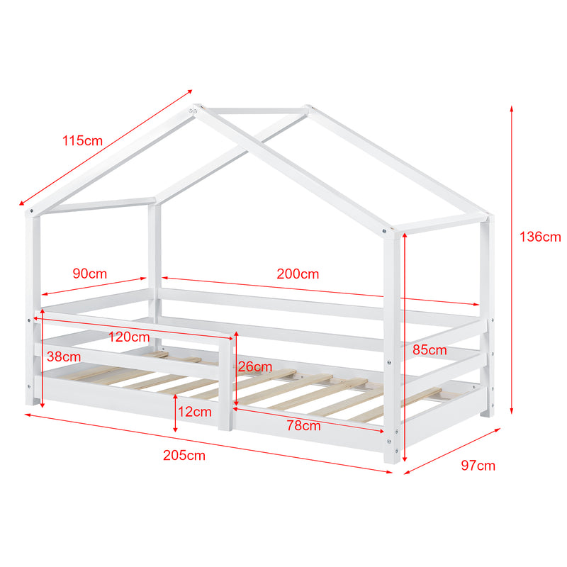 Schizzo in scala Letto per Bambino a Forma di Casetta con Barriere di Sicurezza e Materasso Ortopedico 70x140/80x160/90x200 cm Lettino in Legno di Pino con Sponde - Vari Colori