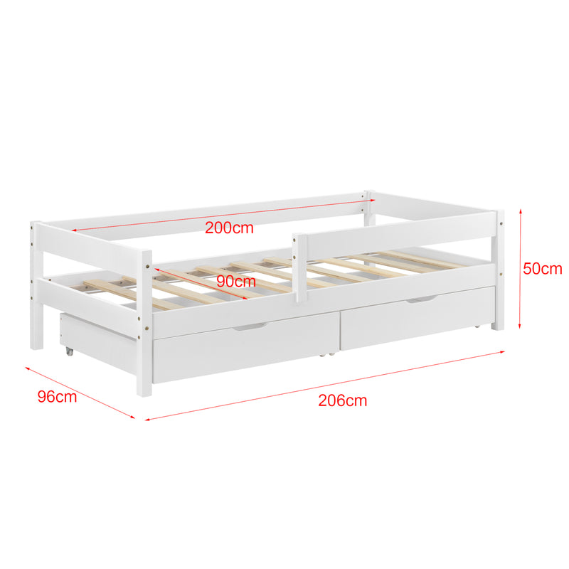 Schizzo in scala Letto per Bambino/Gioventú con 2 Cassetti 70x140 / 80x160 / 90x200 cm Lettino in Legno di Pino con Barriere di Protezione - Vari Colori