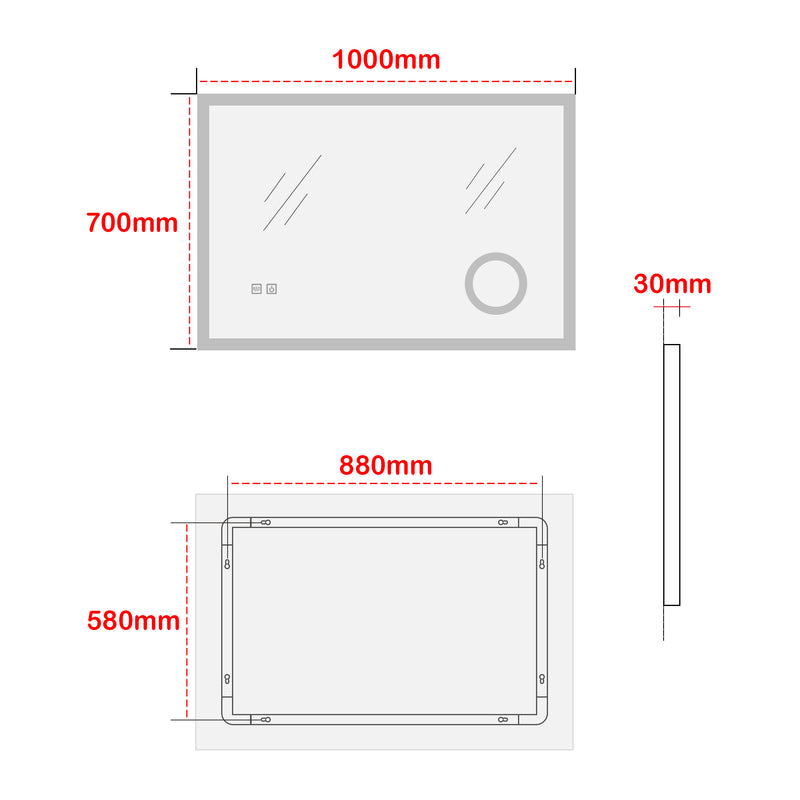 Schizzo in scala Specchio LED da Parete Scafa Multifunzionale Cornice Bianca - Varie Misure - pro.tec