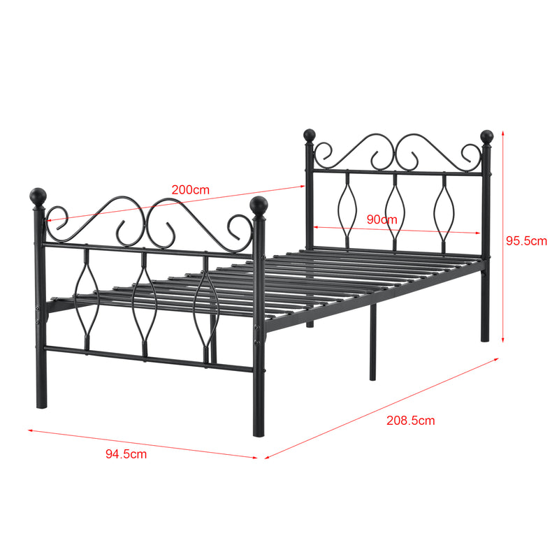 Schizzo in scala Struttura Letto in Metallo con Testiera e Pediera in Stile Romantico/Classico con Materasso 90/120/140 x 200 cm Letto 1 Piazza e Mezza/ Francese/Singolo - Nero