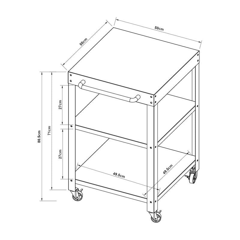 Schizzo in scala Carrello Portavivande Bolognano di Servizio a 3 Ripiani 81x50x50 cm - casa.pro