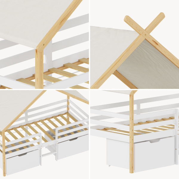 Letto Casetta per Bambini Surnadal 90x200 cm in Legno di Pino con Cassetti e Sbarre [en.casa] 