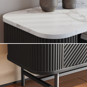 Mobile Porta TV Olvehok con Cassetti e Scomparti Aperti 140x40x55cm Nero / Effetto Marmo Bianco [en.casa] 