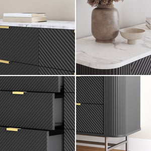 Comò a 6 Cassetti Olvehok Cassettiera 120 x 40 x 81 cm - Nero/Effetto Marmo Bianco [en.casa]