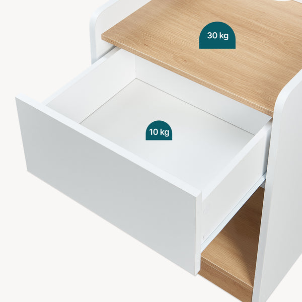 Comodino Kuorshare 55x42x37 cm Bianco/effetto quercia [en.casa]