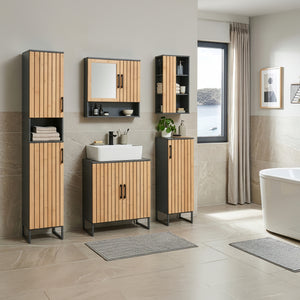 Mobile da Terra Svanes con Anta in Bambù e Ripiani per Bagno 90 x 30 x 30 cm - Grigio Scuro/Naturale [en.casa]