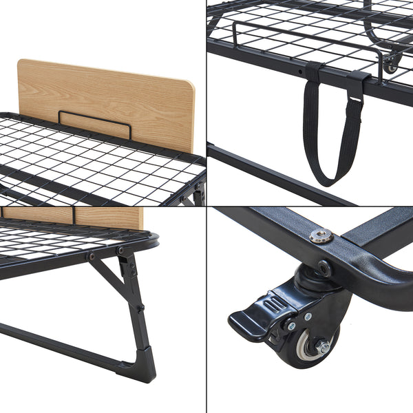 Letto pieghevole in metallo Lustendi con materasso 200x90cm Nero/effetto quercia [en.casa]