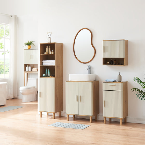 Mobile a Colonna Ferrersp Armadio da Bagno con Anta e Ripiani 160 x 42 x 35 cm - Effetto Rovere / Avena Oatmeal [en.casa]