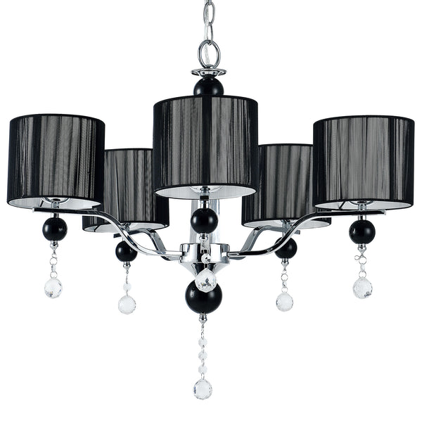 Lampadario con 5 Paralumi Cilindrici color Nero Lampada da Soffitto a 5 Bracci e Pendenti in Cristalli Artificiali - lux.pro