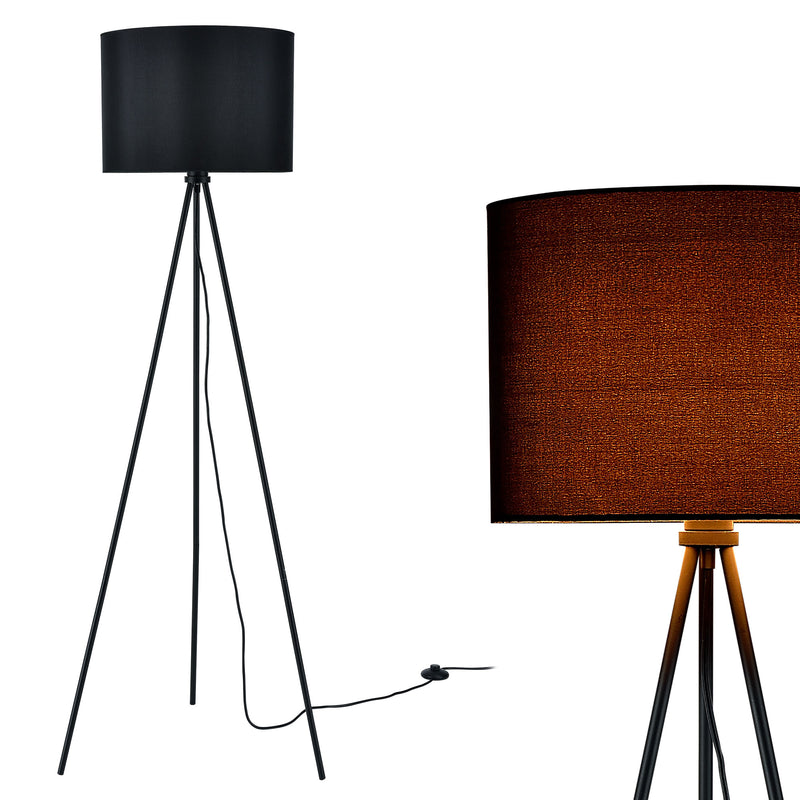 Schizzo in scala Lampada da Terra in stile Treppiede Alta 150 cm Piantana Tripode con Paralume Cilindrico in Tessuto - Nero - lux.pro