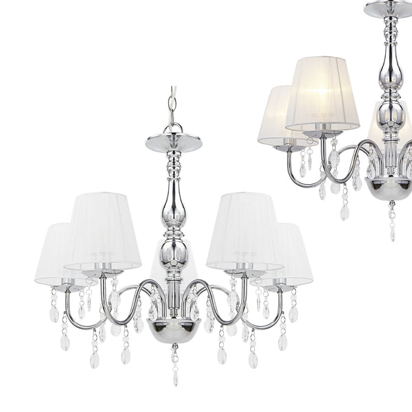 Lampada a Sospensione a 5 Bracci con Paralumi Conici e Cristalli Artificiali - Cromo / Bianco lux.pro