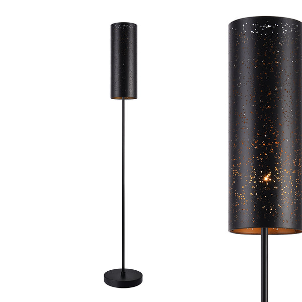 Lampada da terra - Altezza 142 cm - Piantana in Metallo con Paralume Cilindrico con Fori Lampada a Stelo - Nero - lux.pro