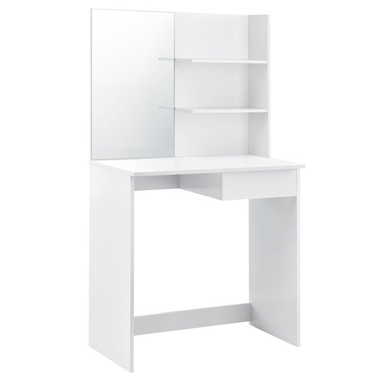 Schizzo in scala Set di Tavolo da Trucco e Sgabello con Specchio Mensole e Cassetto - Bianco [en.casa]