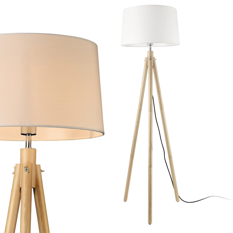 Schizzo in scala Lampada da Terra in Stile Treppiede Alta 153 cm Piantana Tripode con Paralume Conico in Tessuto Bianco e Gambe in Legno, Metallo - lux.pro