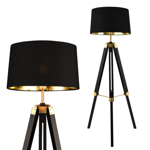 Lampada da Terra in Stile Treppiedi Alta 145 cm Piantana Tripode con Paralume Conico in Tessuto - Nero / Ottone - lux.pro