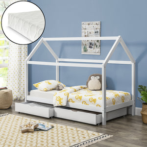 Lettino per bambini Lund 90x200 cm con materasso in schiuma fredda Legno di pino Bianco en.casa