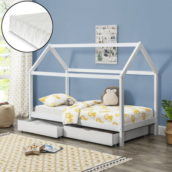 Lettino per bambini Lund 90x200 cm con materasso in schiuma fredda Legno di pino Bianco en.casa