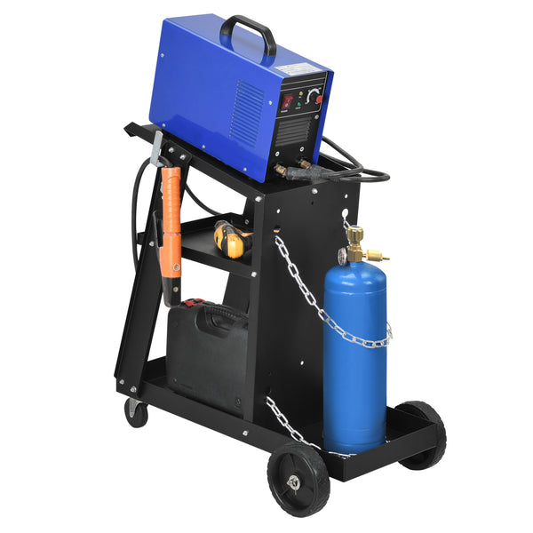 Carrello per saldatura per dispositivi di saldatura con 3 scomparti portaoggetti e contenitore per bombole di gas pro.tec