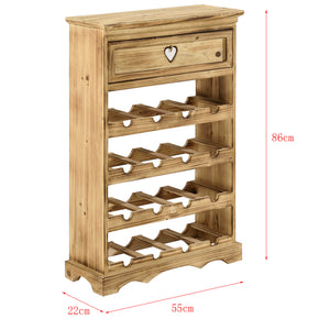 Mobile Portabottiglie con Cassetto 86 x 55 x 22 cm Cantinetta in Legno di Pino per 16 bottiglie Bancone Portabottiglie da Vino con 4 Ripiani in Design Classico