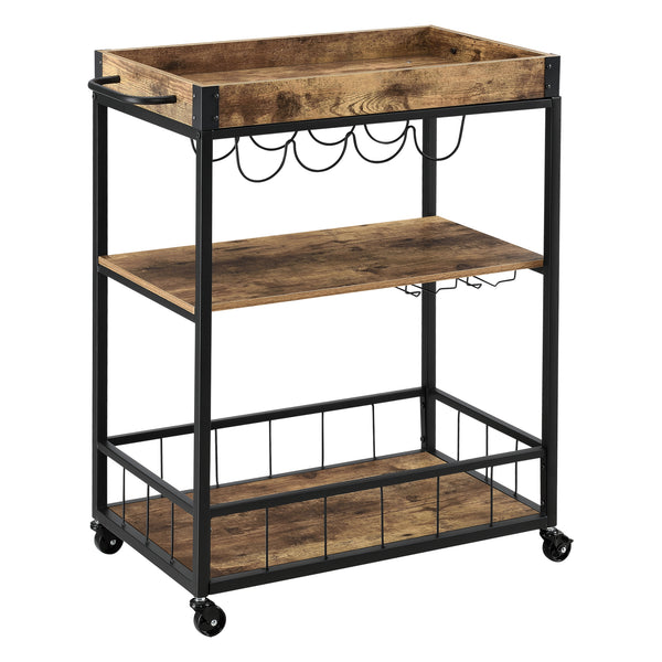 Carrello di Servizio con Vassoio Rimovibile e Ripiani in Color Legno Scuro Scaffale/Portavivande da Cucina/Mense con 4 Ruote Catering Ristorazione