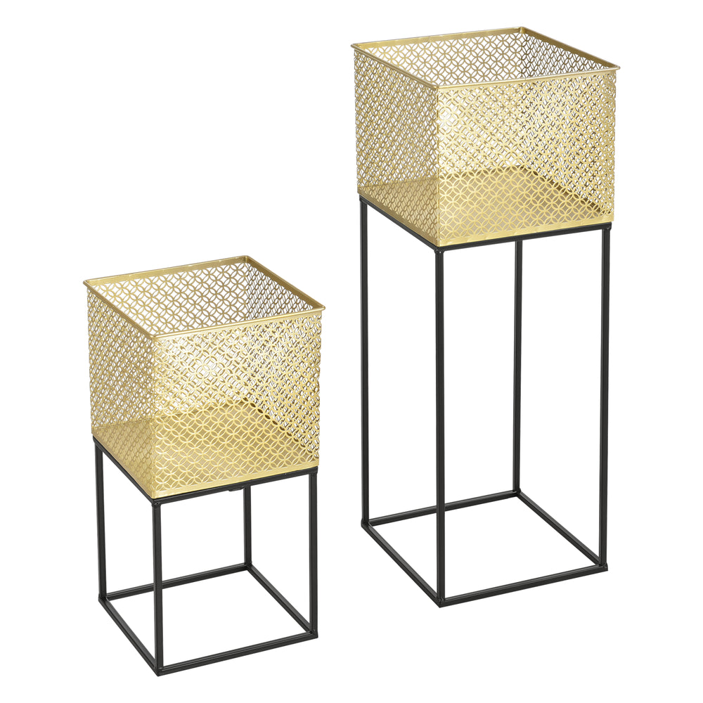 Set di 2 Portavasi in Metallo di Forma Rettangolare Supporto Nero per Piante con Coprivaso in Color Oro in 2 Altezze e Misure Diverse 