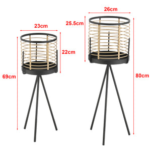 Set di 2 Portavasi in Metallo - Supporto Nero a Treppiedi con Coprivaso a Righe Beige - Portapiante in 2 Misure Diverse 