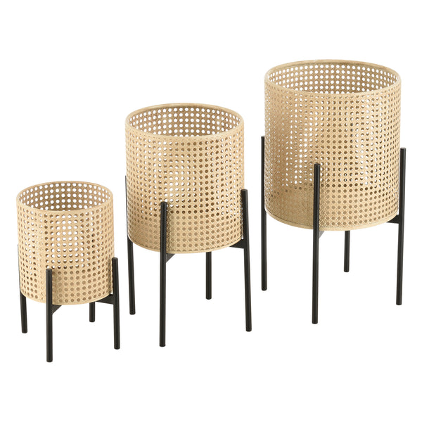 Set di 3 Portavasi in Metallo Supporto Nero con Coprivaso Tondo in Color Sabbia - Portapiante in 3 Misure Diverse