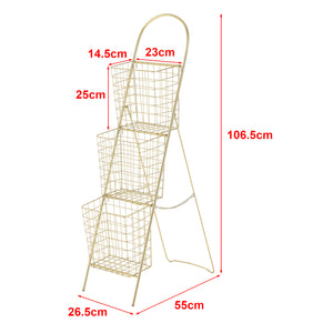Scaffale di Design con 3 Cestini Rimovibili - Mobiletto in Metallo a Forma di Scala con 3 Contenitori - Portariviste, Portafrutta, Portaoggetti - Colore Ottone