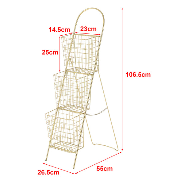 Scaffale di Design con 3 Cestini Rimovibili - Mobiletto in Metallo a Forma di Scala con 3 Contenitori - Portariviste, Portafrutta, Portaoggetti - Colore Ottone