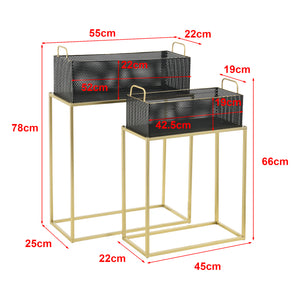 Set di 2 Portavasi in Metallo di Forma Rettangolare Supporto in Colore Ottone per Piante con Coprivaso Nero in 2 Altezze e Misure Diverse