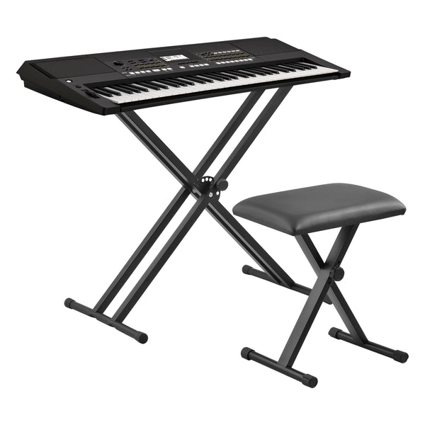 Set Composto di Supporto per Tastiera Musicale e Panca Imbottita in Similpelle, Costruzione Pieghevole e Regolabile in Altezza, Telaio in Ferro con Gomma Antiscivolo - Nero