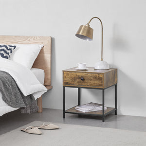 Comodino con Cassetto e Ripiano Portaoggetti (AxLaxP): 49 x 45 x 39 cm Tavolino da Divano su Telaio in Metallo Tavolo Basso da Salotto/Soggiorno/Camera da Letto - Effetto Legno Scuro