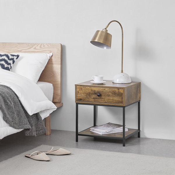 Comodino con Cassetto e Ripiano Portaoggetti (AxLaxP): 49 x 45 x 39 cm Tavolino da Divano su Telaio in Metallo Tavolo Basso da Salotto/Soggiorno/Camera da Letto - Effetto Legno Scuro