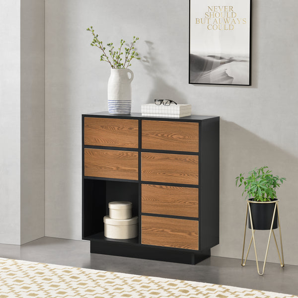 Mobile per Soggiorno/Ingresso/Ufficio con 6 Armadietti e 1 Scomparto Aperto, Comò 88x80x30cm (AxLaxP) Mobile a Terra con Ante Apertura a Pressione Push-to-Open - Nero/Effetto Legno