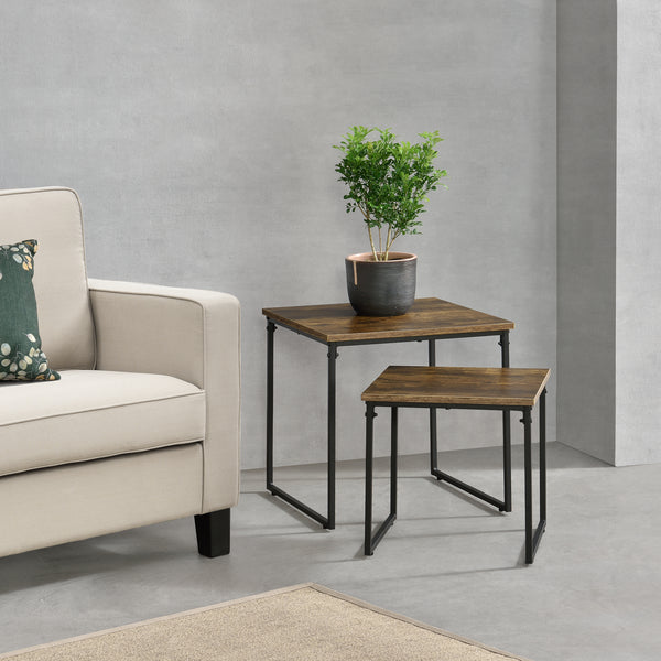 Set di 2 Tavolini Sovrapponibili Töreboda a Forma di Cubo - Color Legno Scuro/Nero [en.casa]