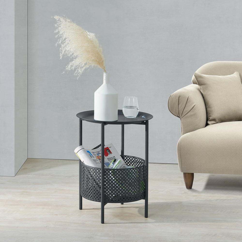 Beistelltisch Kruibeke 46x35cm mit Korb Schwarz [en.casa] - premiumXL