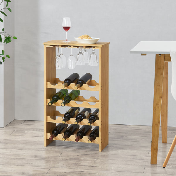 Mobile Portabottiglie 'Fetlar' con Portabicchieri Sospeso - Cantinetta per 16 Bottiglie su 4 Livelli - Bambù [en.casa]